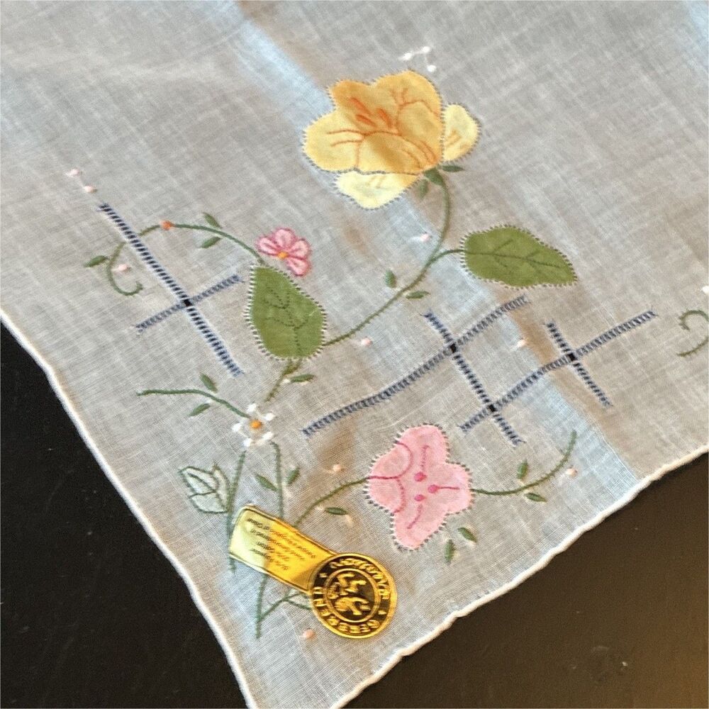 Gerbrand Creations‎ Hand Embroidered Floral Handkerchief White 65/35 Poly Cotton